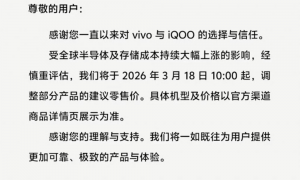 手机涨价潮来了：vivo与iQOO部分产品18日起调整零售价